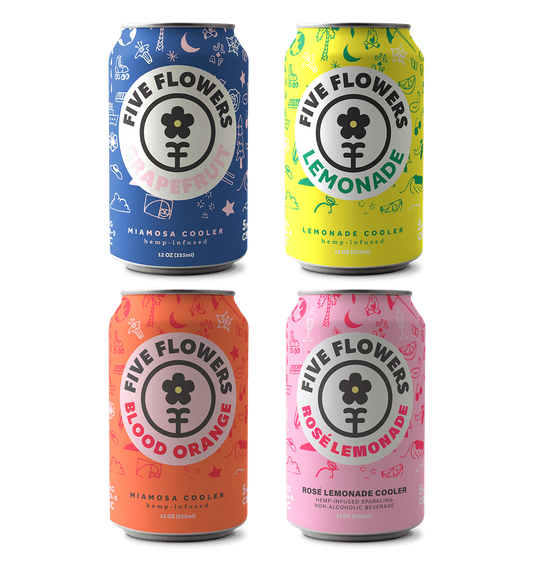 Five Flowers 4-Pack Sampler of 5 mg THC + 5 mg CBD seltzer cans
