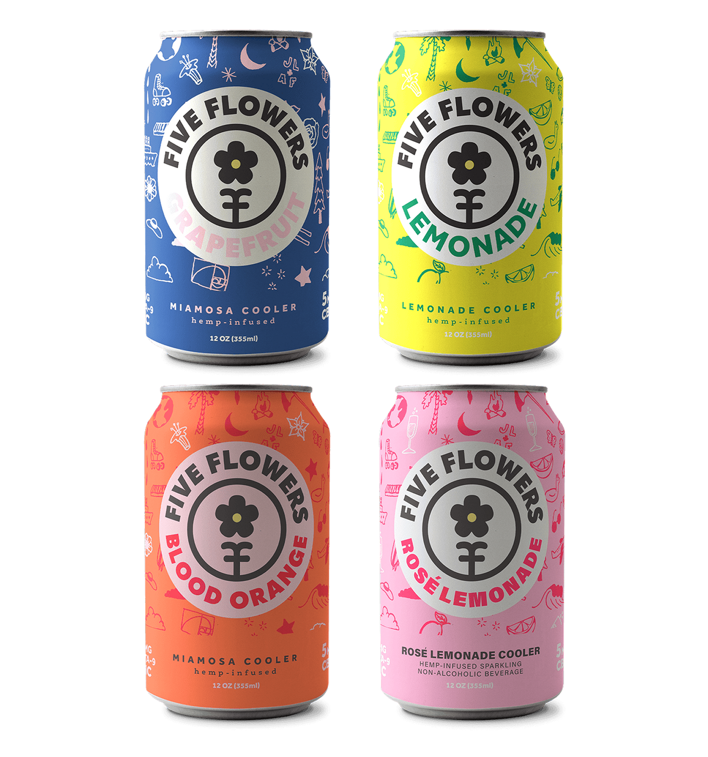 Five Flowers 4-Pack Sampler of 5 mg THC + 5 mg CBD seltzer cans